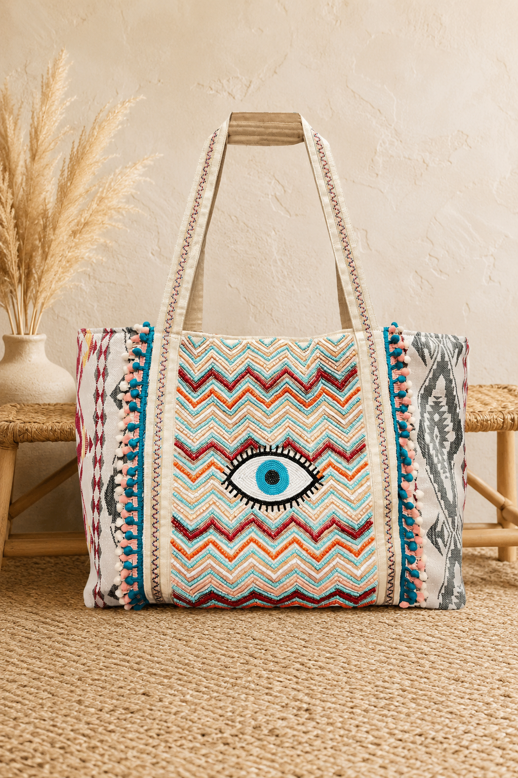 Multicolor chevron embroidered boho tote bag with evil eye detail and pom-pom trim | Bliss by Cori