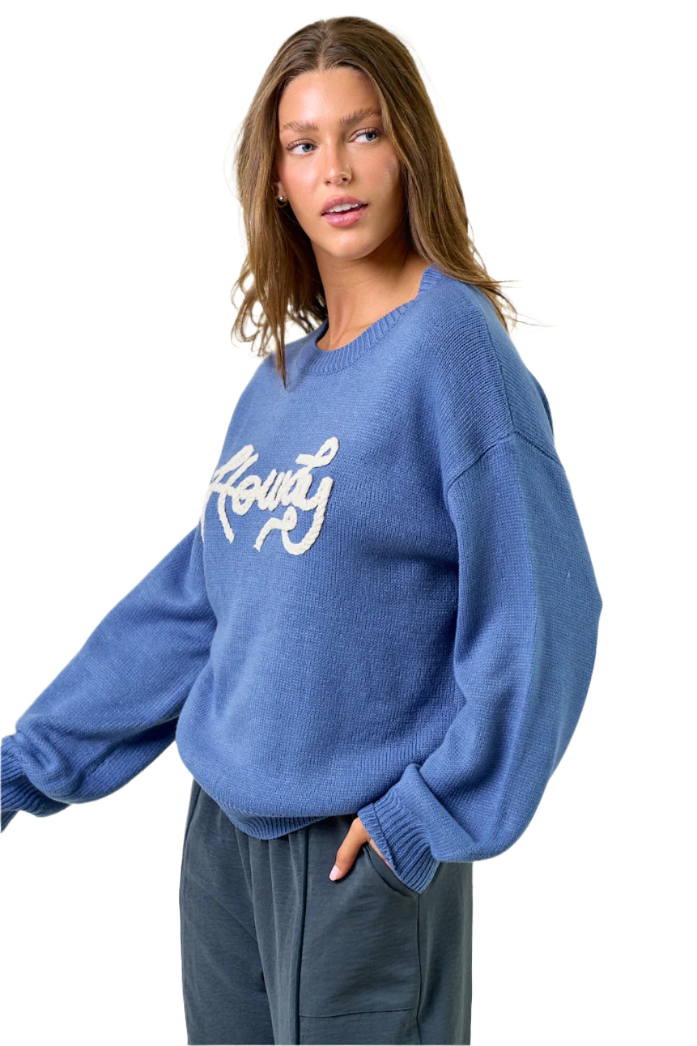 Howdy' Embroidered Round Neck Oversized Sweater