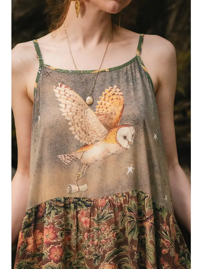 Woodland Wisdom Bohéme Maxi Slip Dress w/ Florals, Fox & Owl