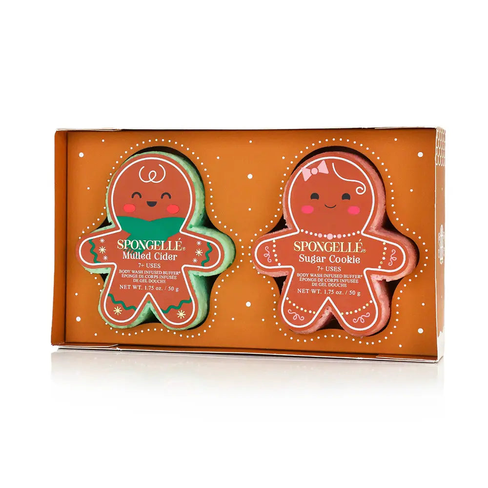 Spongellé Everything Nice gift set open box showing Mulled Cider and Sugar Cookie gingerbread body buffers in warm orange holiday packaging — Bliss by Cori Boutique