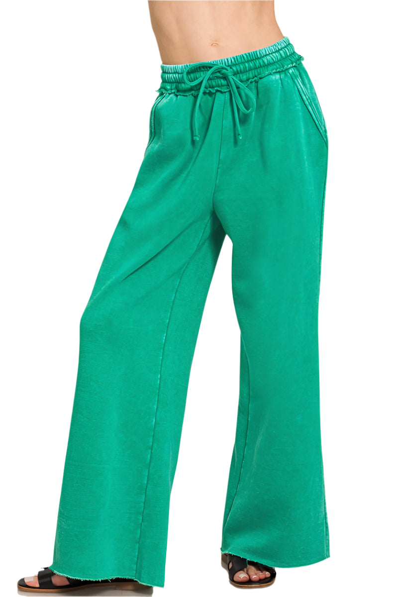 Acid Mineral Washed Fleece Palazzo Pants with Pockets