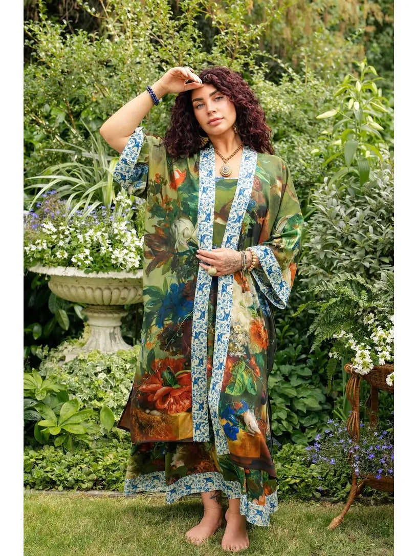Model in Flora Poetica botanical opera duster with belt | Bliss by Cori
