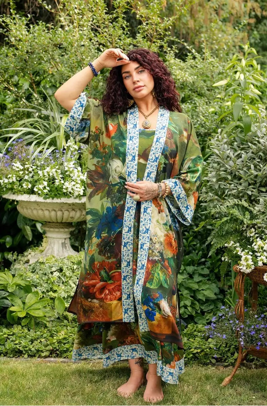 Model in Flora Poetica botanical opera duster with belt | Bliss by Cori