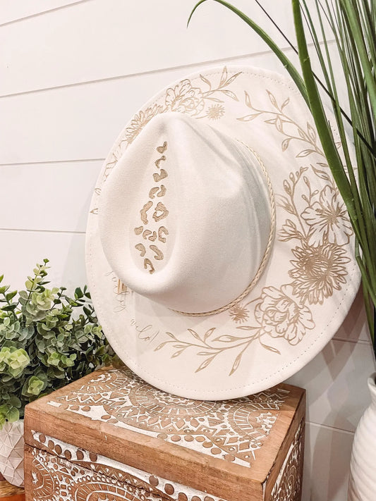 Beautifully Wild Burned Hat, Floral Engraved Cowboy Hat, Burned Fedora, Engraved Suede Hat, Boho Hat, Vegan Suede