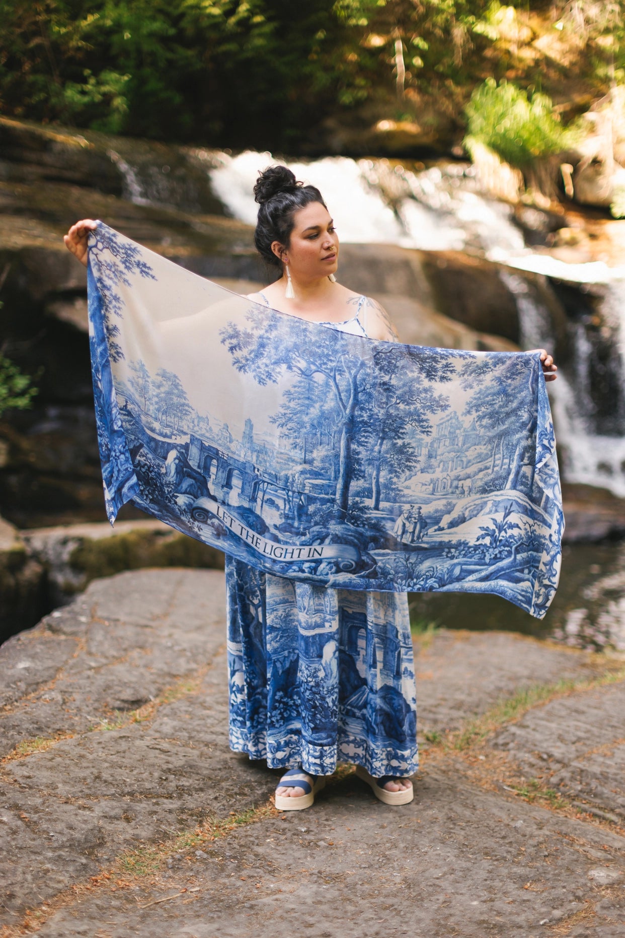 Let the Light in Bohemian Scarf With Blue Delft Toile Print