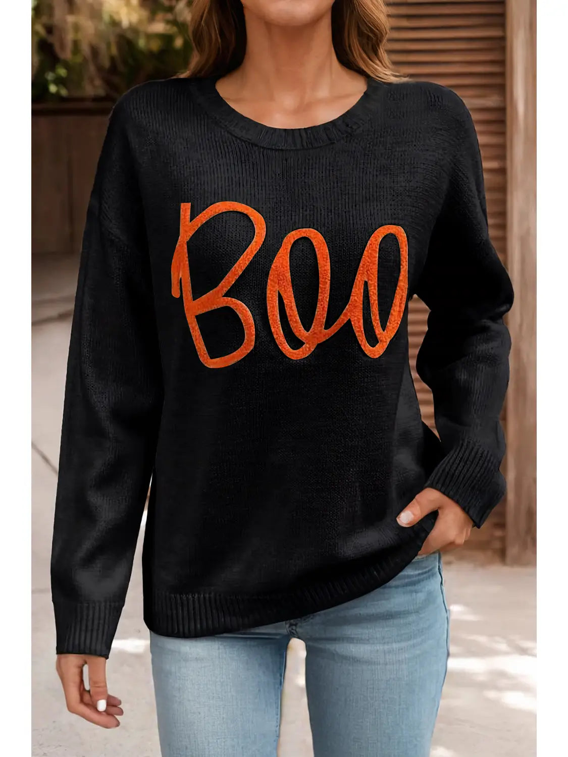 Boo Halloween Knitted Pattern Ribbed Edge Drop Shoulder Sweater Pre-Order Ship Sept 1st