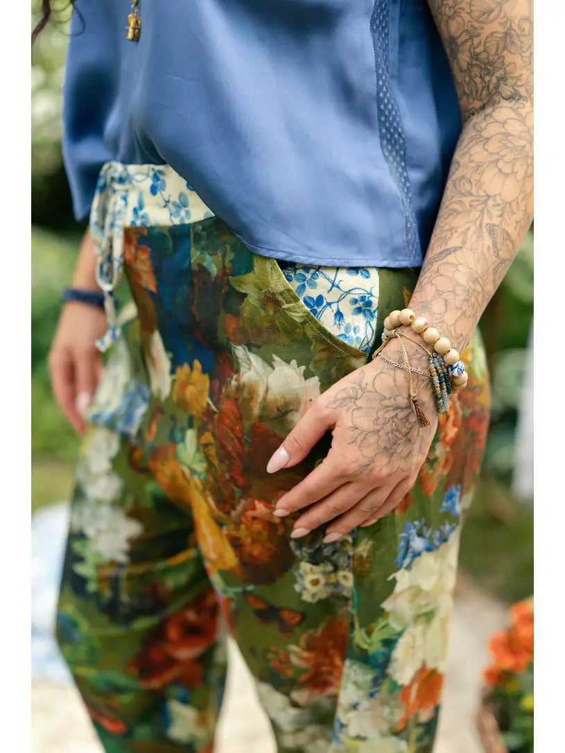 Flora Poetica floral and bird print artist pants shown from the front | Bliss by Cori