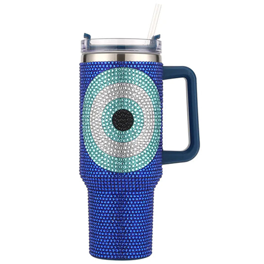 40oz Rhinestone Stainless Steel Insulated Travel Tumbler with Handle - Evil Eye