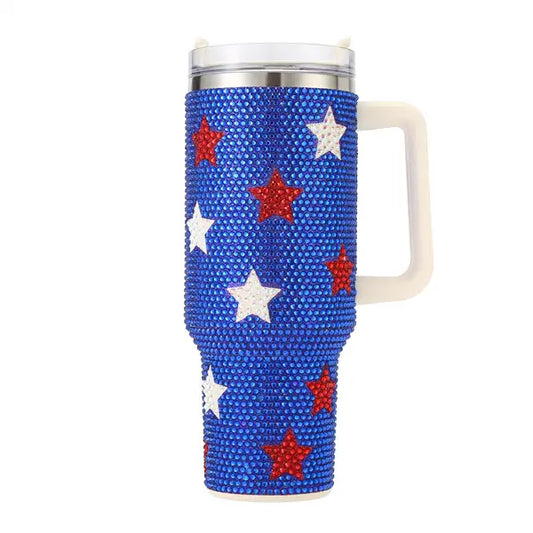 40 Oz Tumbler Rhinestone American Red White Blue Stars