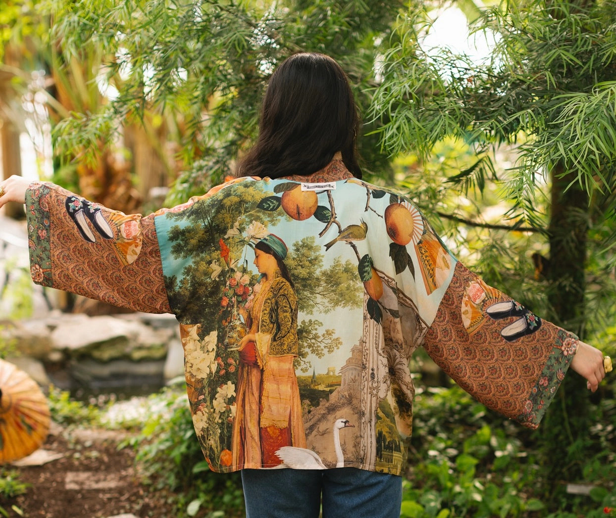 Market Of Stars Secret Garden Cropped Bamboo Kimono Cardigan with Swan