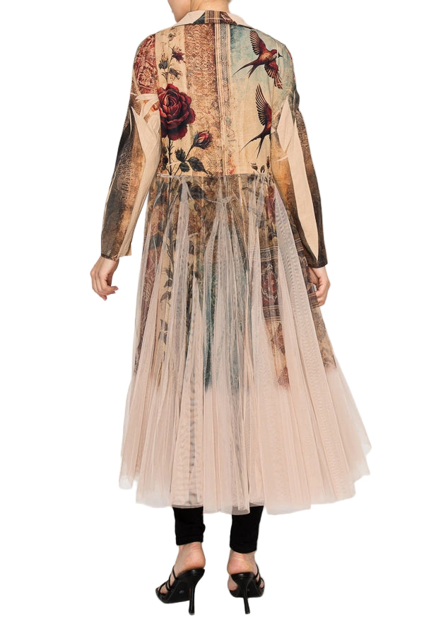 Vintage Bird Chic Contrast Longline Blazer Jacket with Mesh Tulle Panel - Ships Late September