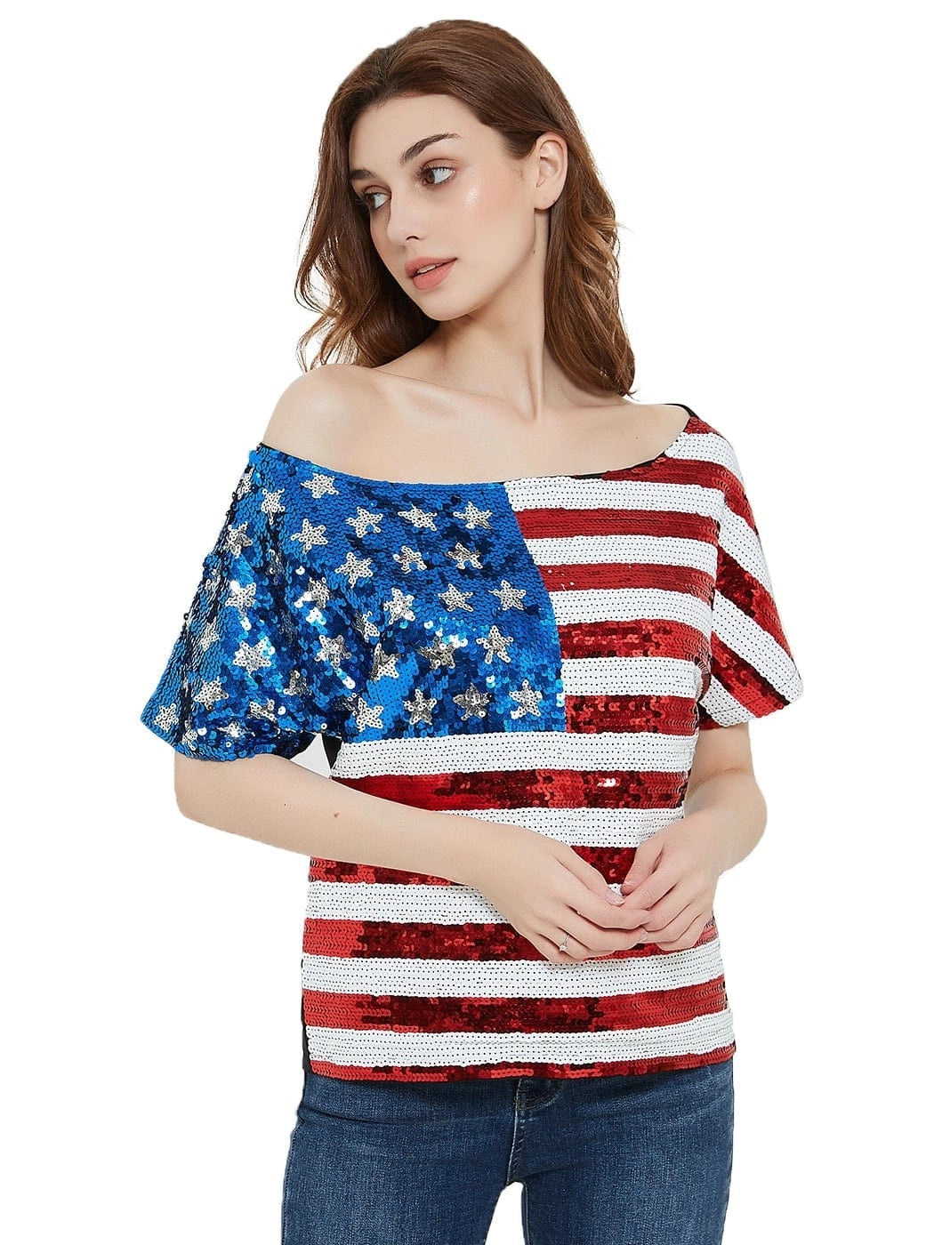 Women's Patriotic American Sequin Off Shoulder Top