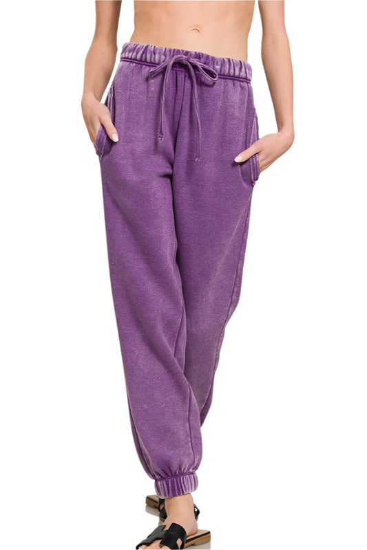 Acid Mineral Washed Fleece Sweatpants with Pockets