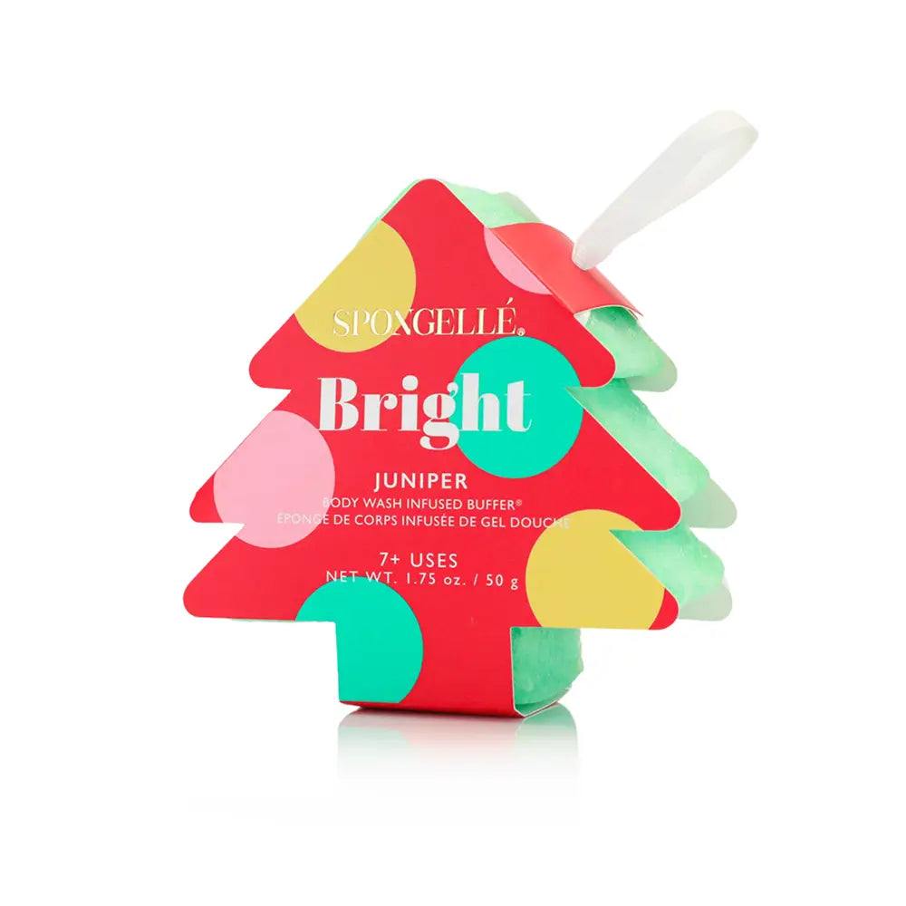 Spongellé Bright Juniper Christmas tree-shaped body buffer on white background showing green sponge detail — Bliss by Cori Boutique