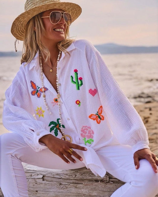 White Tropical Oversized Gauze Cotton Shirt