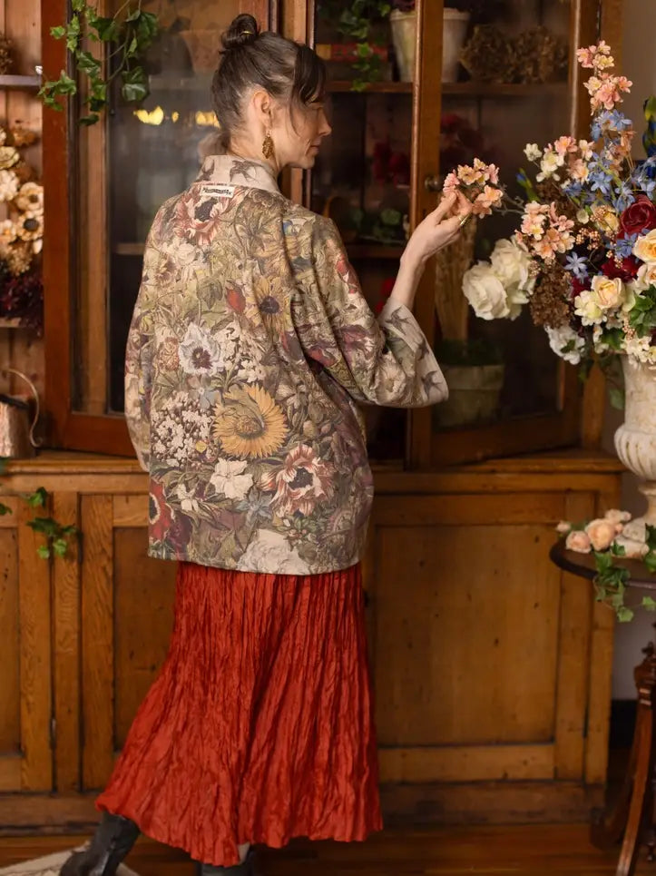 Golden Hour Cottage Jacket worn open showing full autumn botanical collage print | Bliss by Cori