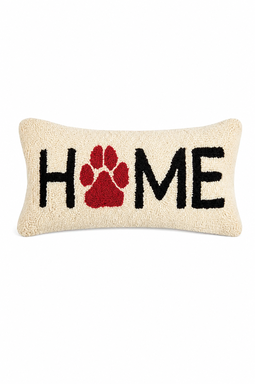 Hand-hooked wool throw pillow spelling HOME with red paw print on cream background | Bliss by Cori