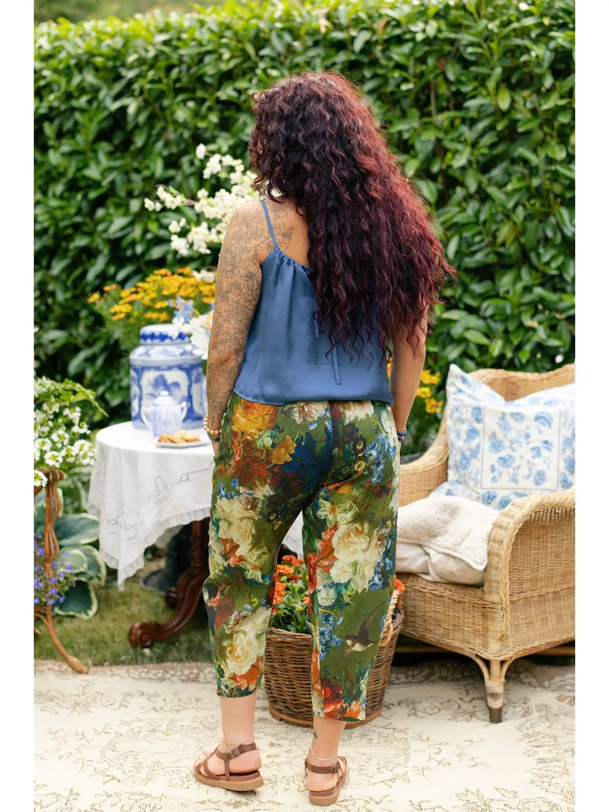 Close-up of the waistband and custom-woven print on Flora Poetica pants | Bliss by Cori