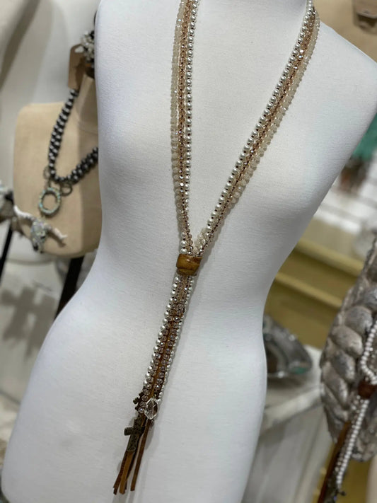 Triple Strand Pearl Cross Necklace