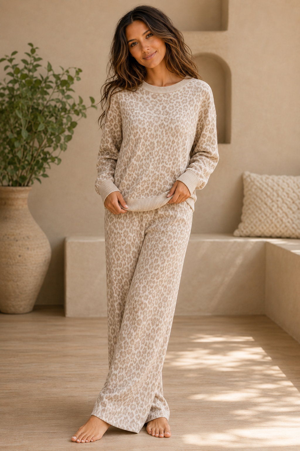 Wide leg leopard print lounge pants with elastic waist in neutral tan - Bliss by Cori