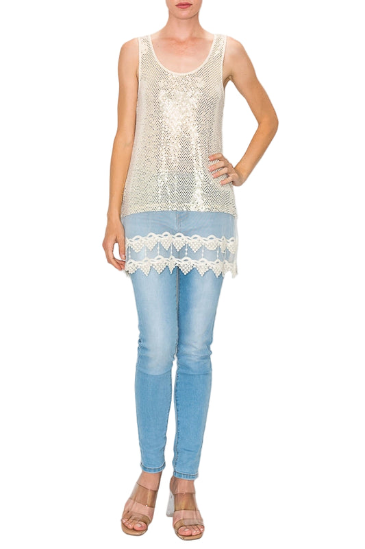 Sparkly Beige Sequins Tank Top with Lace Layer - Ships Late September
