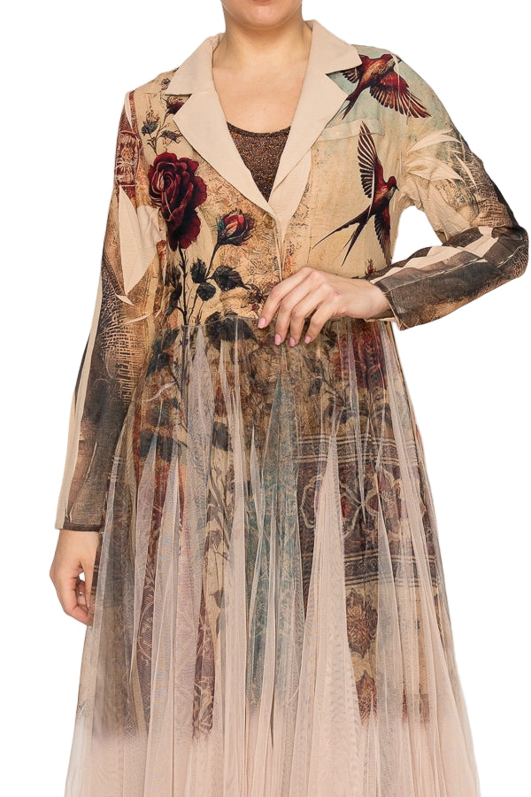 Vintage Bird Chic Contrast Longline Blazer Jacket with Mesh Tulle Panel - Ships Late September