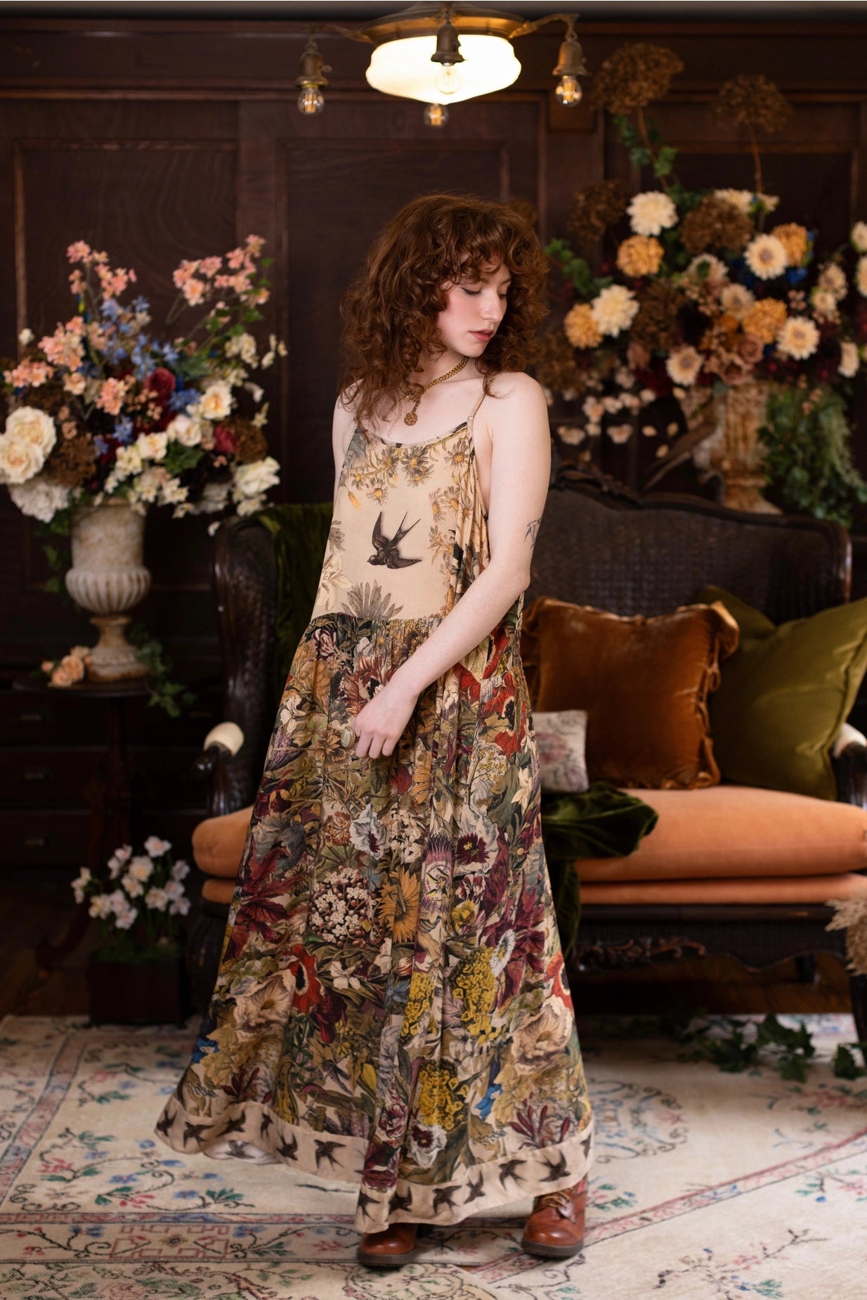 Golden Hour Bohéme Long Maxi Slip Dress w/ Floral Print Pre-Order Ships August 2026