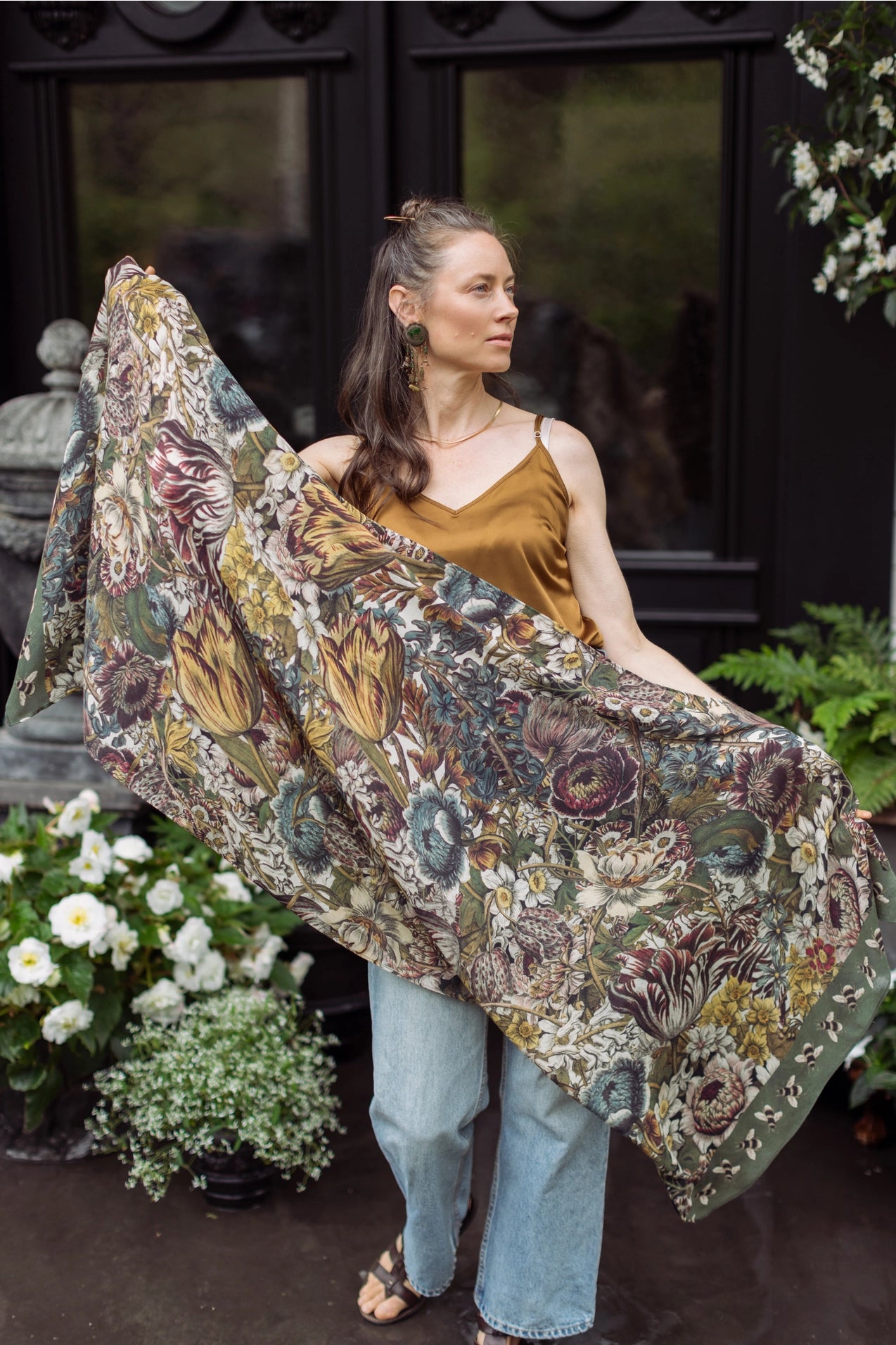 Market Of Stars Love Grows Wild Floral Bamboo Scarf with Bees Pre-Order Ship Aug 30th