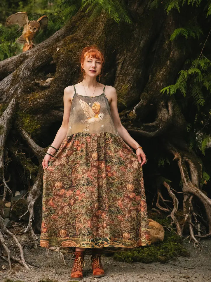 Woodland Wisdom Bohéme Maxi Slip Dress w/ Florals, Fox & Owl