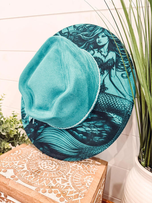 Mermaid Engrave Hat, Floral Engraved Cowboy Hat, Burned Fedora, Engraved Suede Hat, Boho Hat, Vegan Suede Cowboy Hat, Women's Cowboy Hat