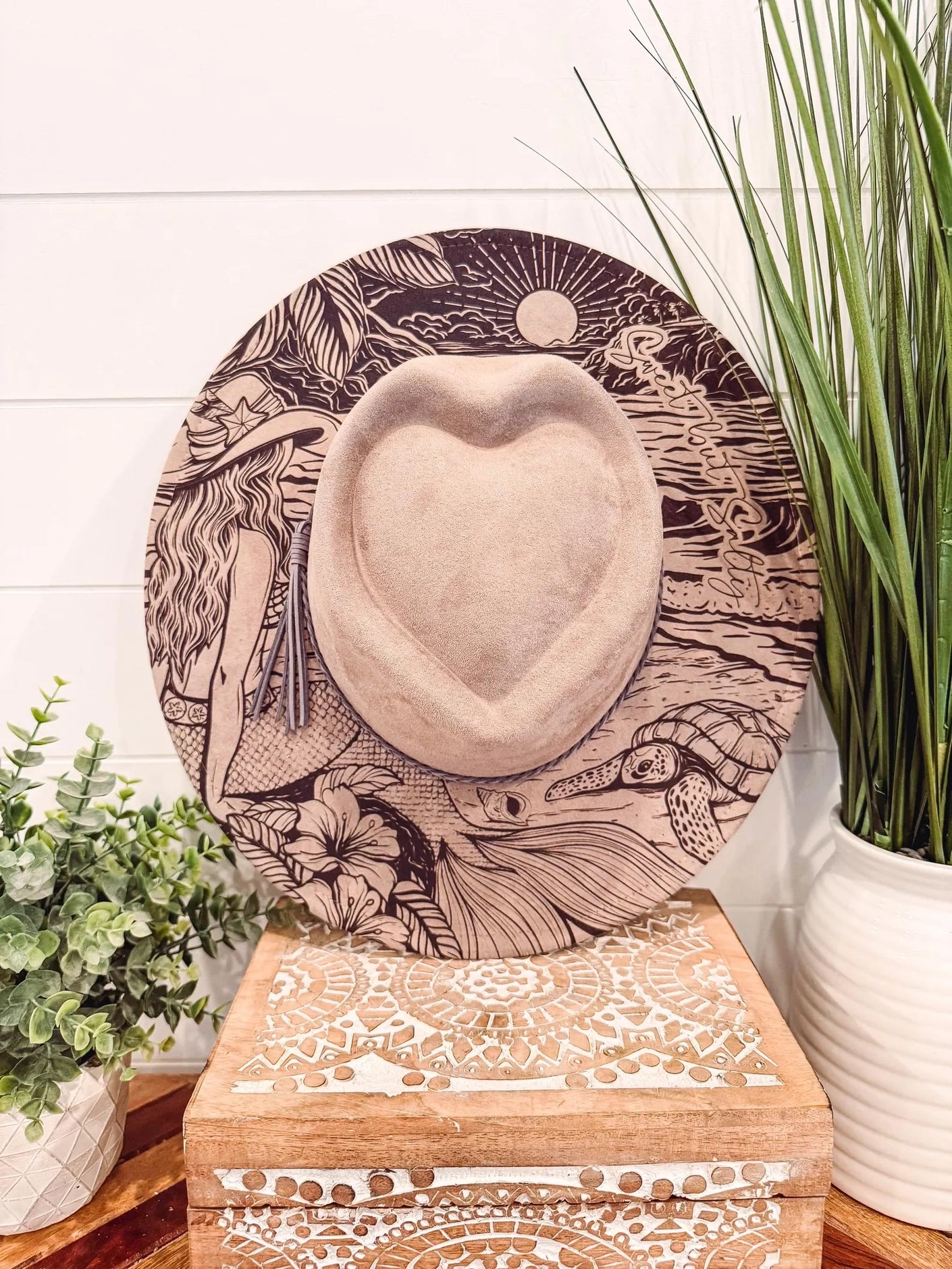 Mermaid Engraved Hat, Floral Engraved Cowboy Hat, Burned Fedora, Engraved Suede Hat, Boho Hat, Vegan Suede Cowboy Hat, Women's Cowboy Hat