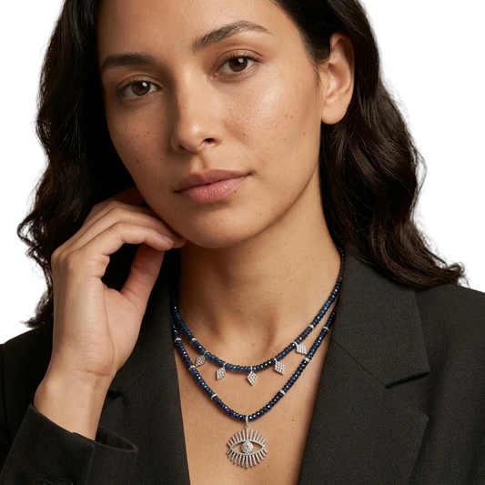 London Blue Topaz Evil Eye Beaded Gemstone Necklace
