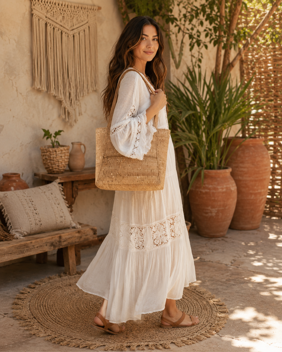 Cork Tote Bag with Front Zipper Pocket | Gold Flecked