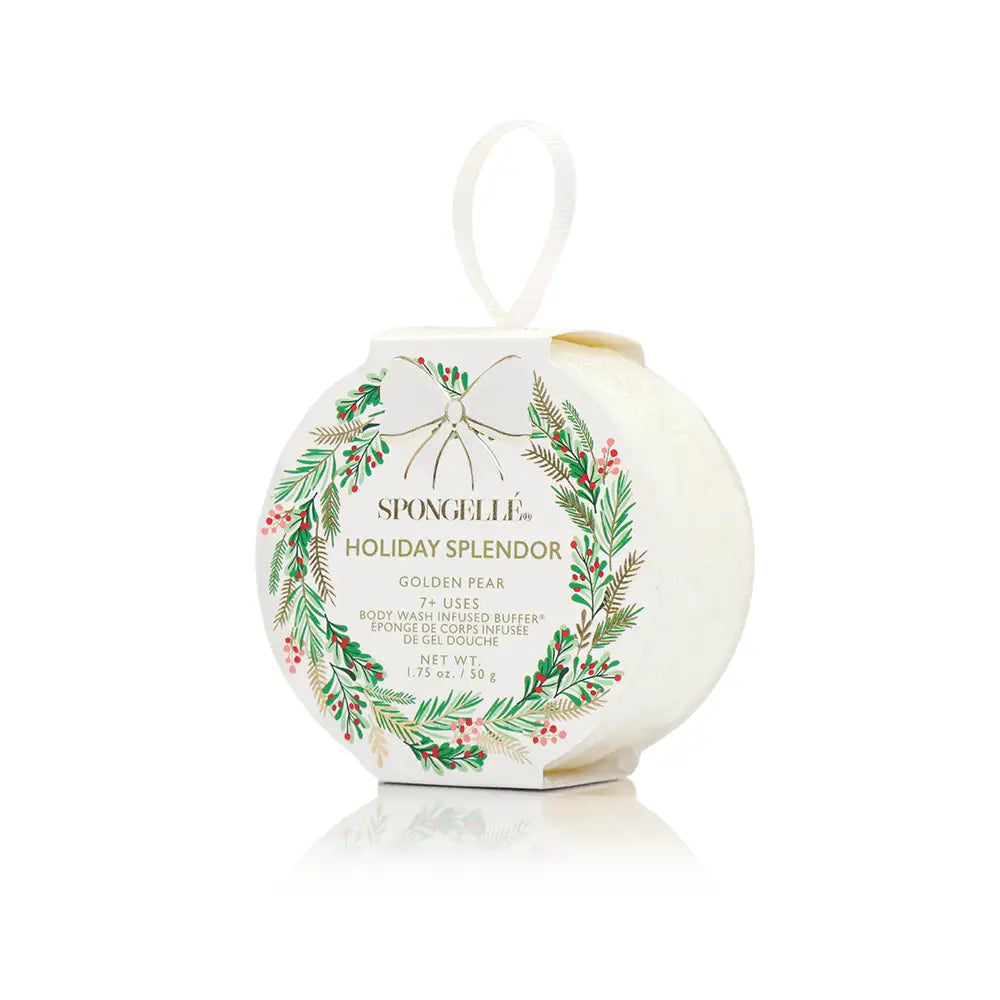 Spongellé Holiday Splendor Golden Pear body buffer in ornament-shaped packaging with festive wreath print