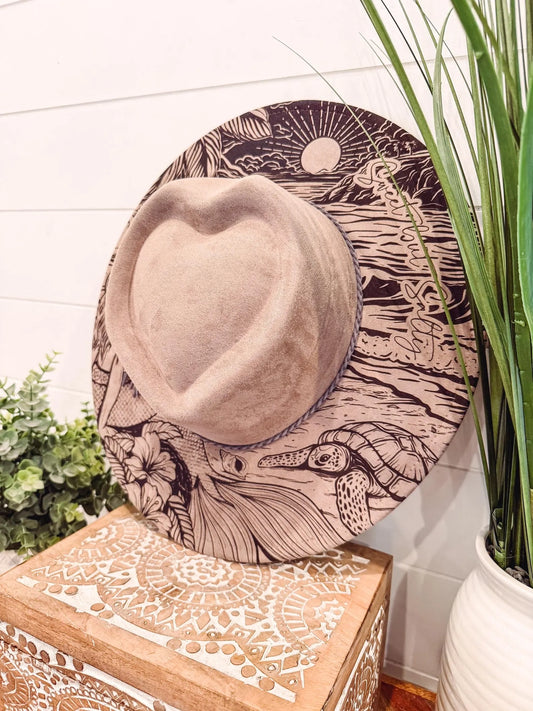 Mermaid Engraved Hat, Floral Engraved Cowboy Hat, Burned Fedora, Engraved Suede Hat, Boho Hat, Vegan Suede Cowboy Hat, Women's Cowboy Hat