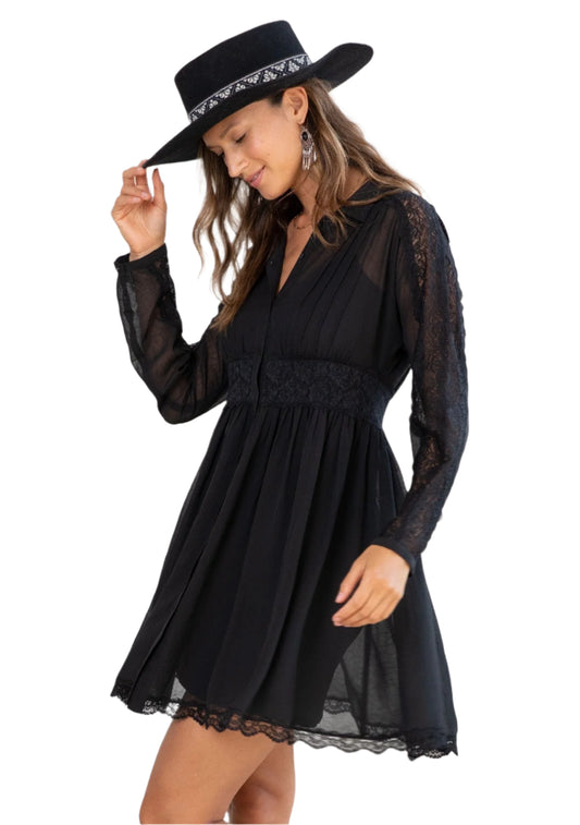 Bohemian Lace Detail Long Sleeve Collared Dress