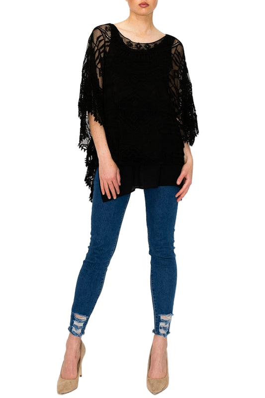 Black Crochet Poncho Top with Geometric Embroidered Details - Ships Late September