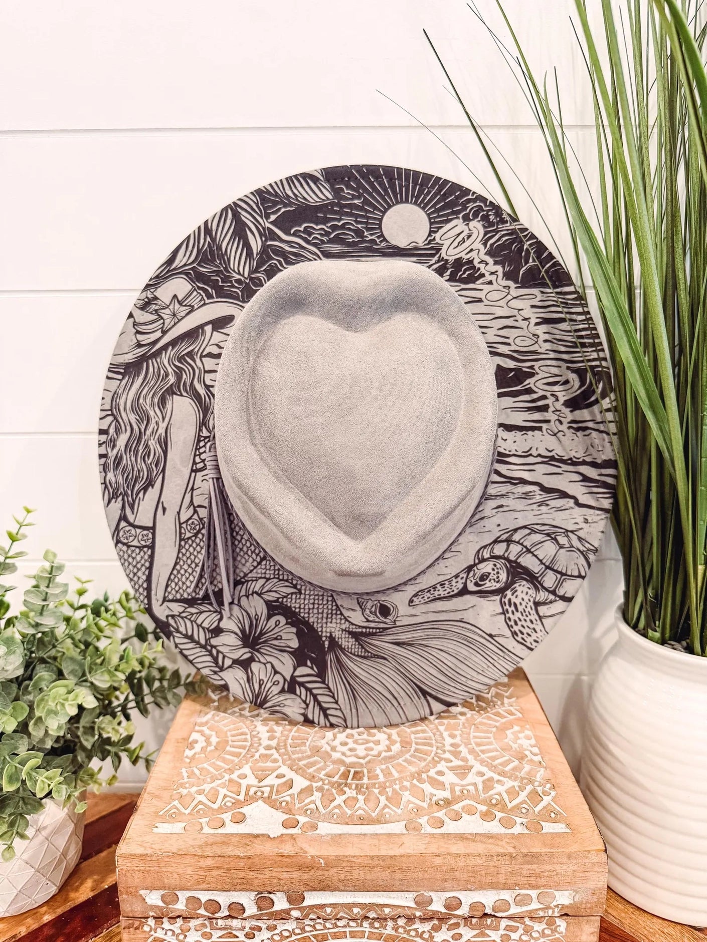 Mermaid Engraved Hat, Floral Engraved Cowboy Hat, Burned Fedora, Engraved Suede Hat, Boho Hat, Vegan Suede Cowboy Hat, Women's Cowboy Hat
