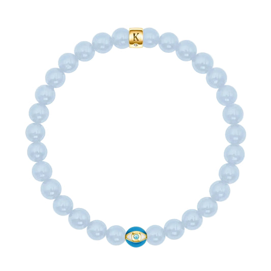 Karma and Luck Soothing Rhythm Aquamarine March Birthstone Evil Eye Bracelet — delicate powder blue aquamarine beads with teal evil eye charm and Karma and Luck signature clasp | Bliss by Cori
