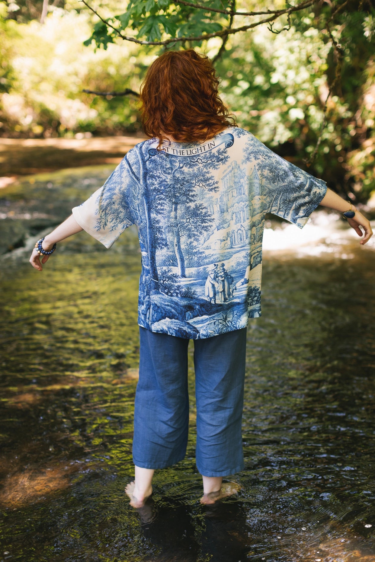 Let the Light in Luxe Tee Tunic Shirt With Blue Delft Toile