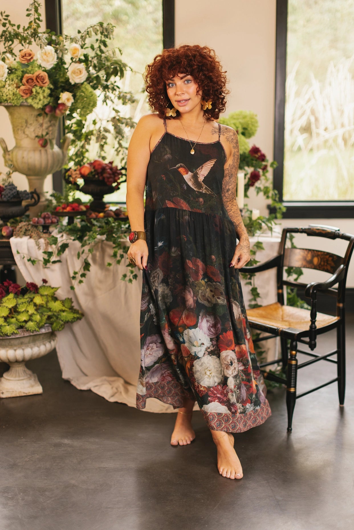 Flight of Fancy Bohéme Long Maxi Slip Dress With Hummingbirds - Pre-Order - Ships In May