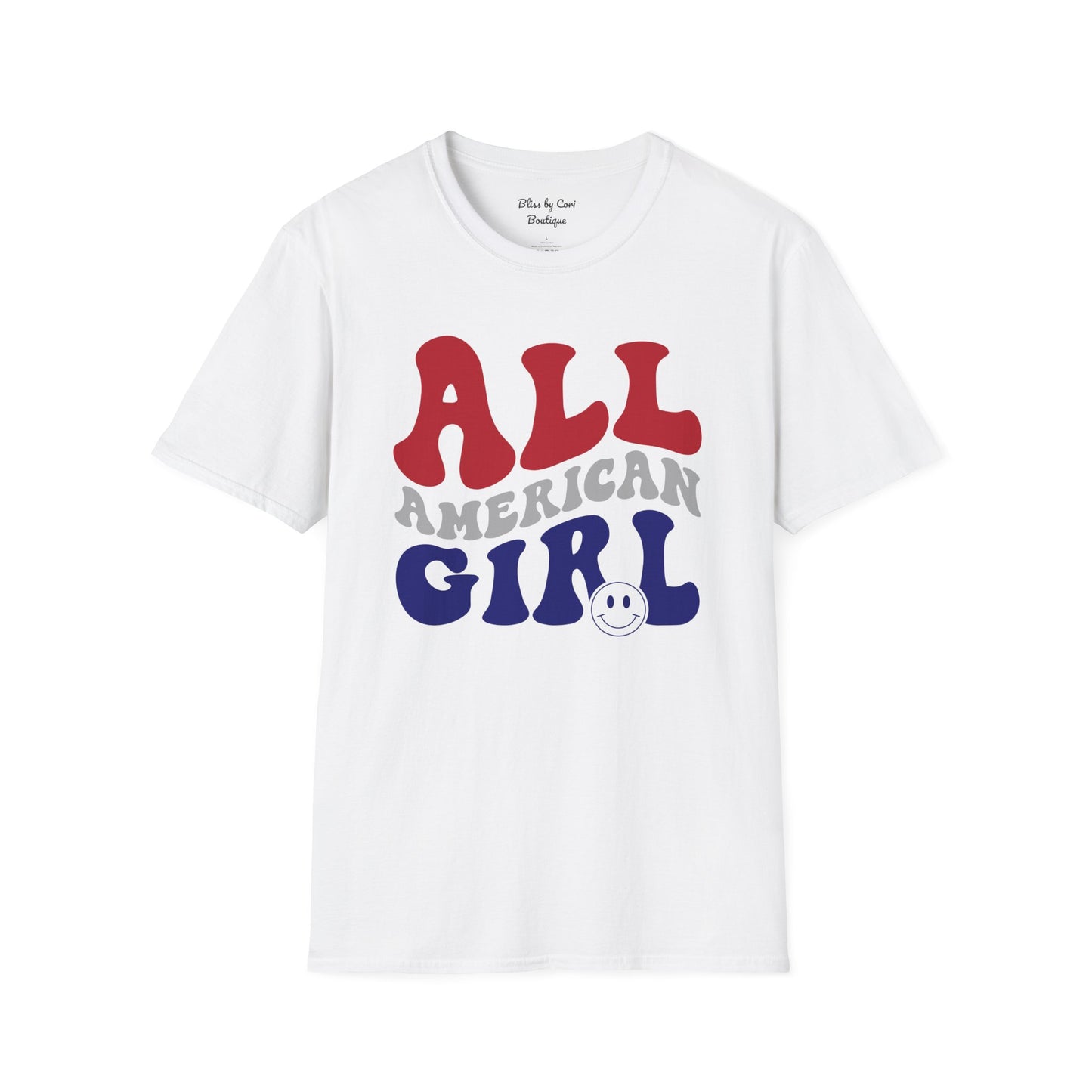 All American Girl 4th Of July Softstyle T-Shirt Available in 3 Colors