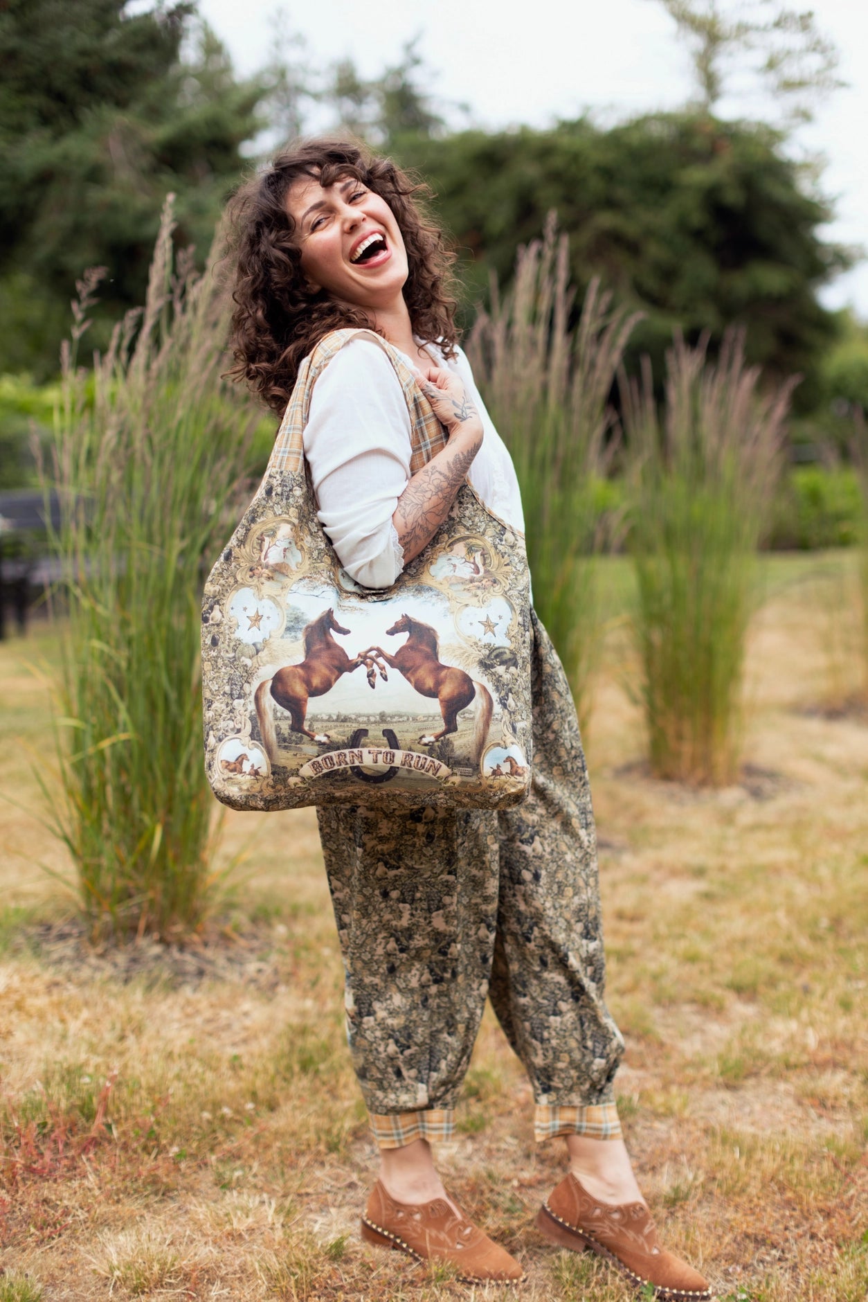 Born To Run Boho Linen Tote Bag Wild Horse & Floral Print - ONLY 2 LEFT!!!!!