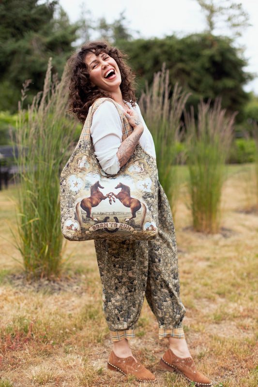 Born To Run Boho Linen Tote Bag Wild Horse & Floral Print - ONLY 2 LEFT!!!!!