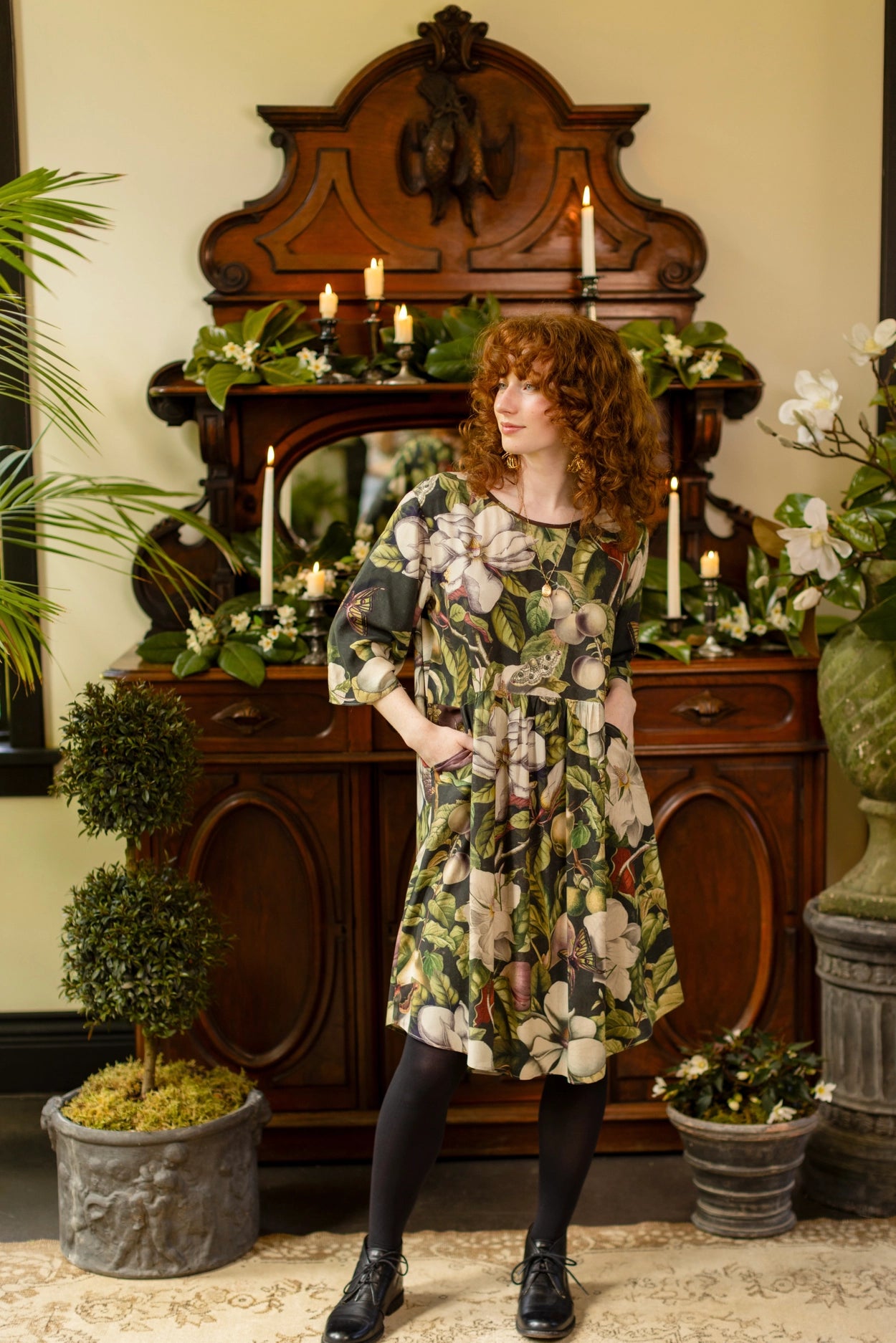 Fleur De Lune Artist Dress Tunic w/ Pockets, Florals & Bees Pre-Order - Ships In September