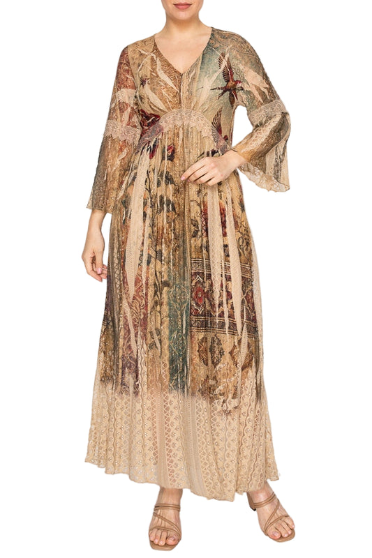 Vintage Bird Romantic Lace Bell-Sleeved A-Line Midi Dress - Ships Late September