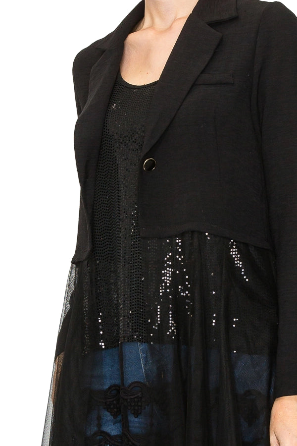Black Contrast Longline Blazer Jacket with Mesh Tulle Panel - Ships Late September