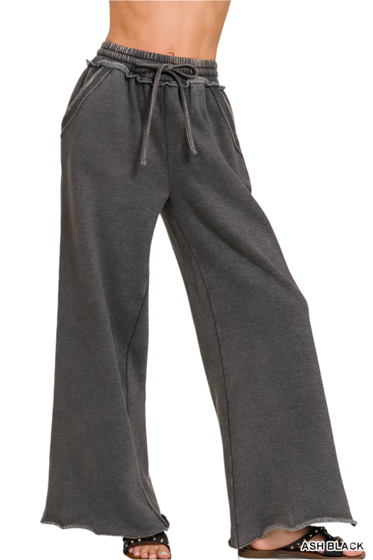 Acid Mineral Washed Fleece Palazzo Pants with Pockets