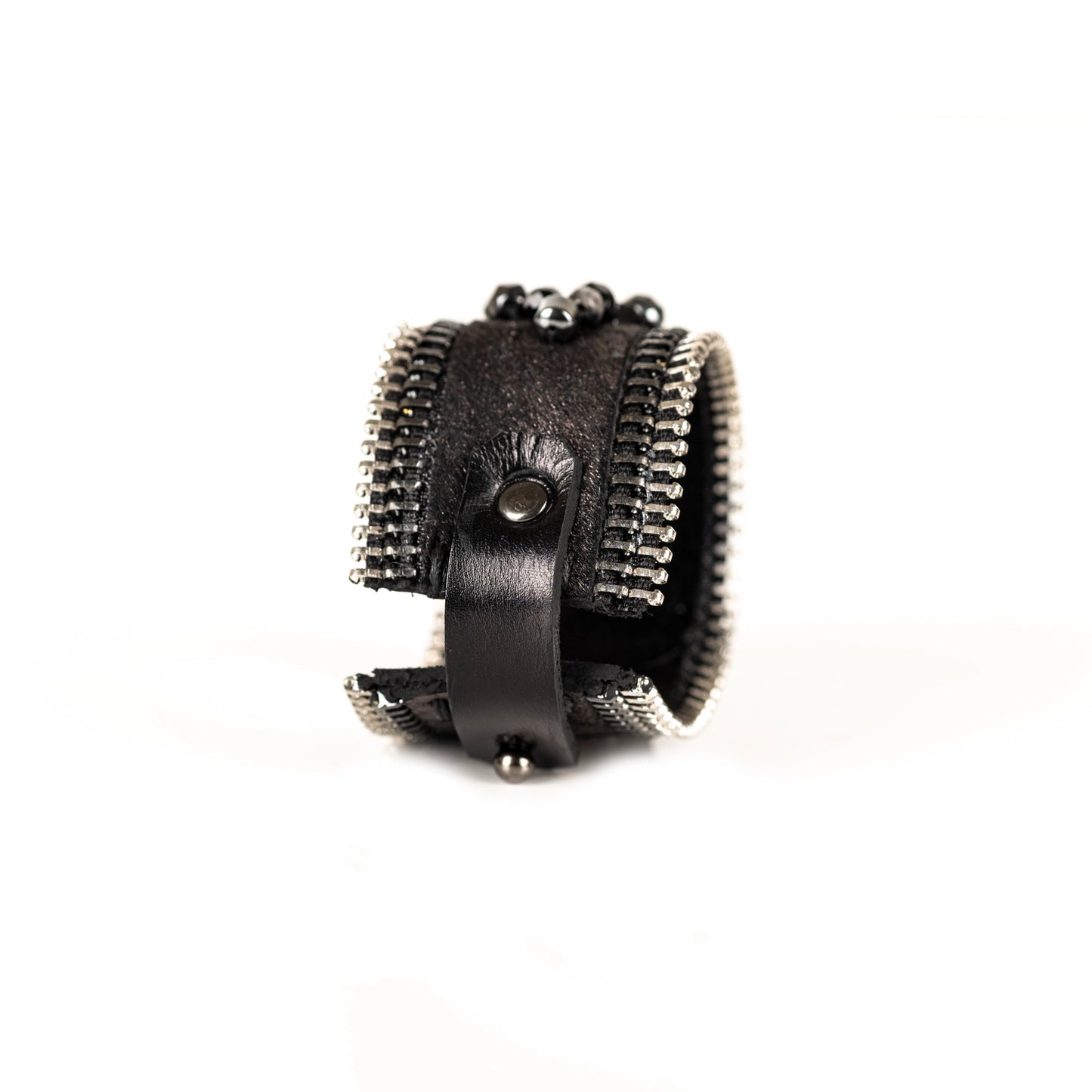 The Wide Double Zipper Leather Cuff With Beads Bracelet