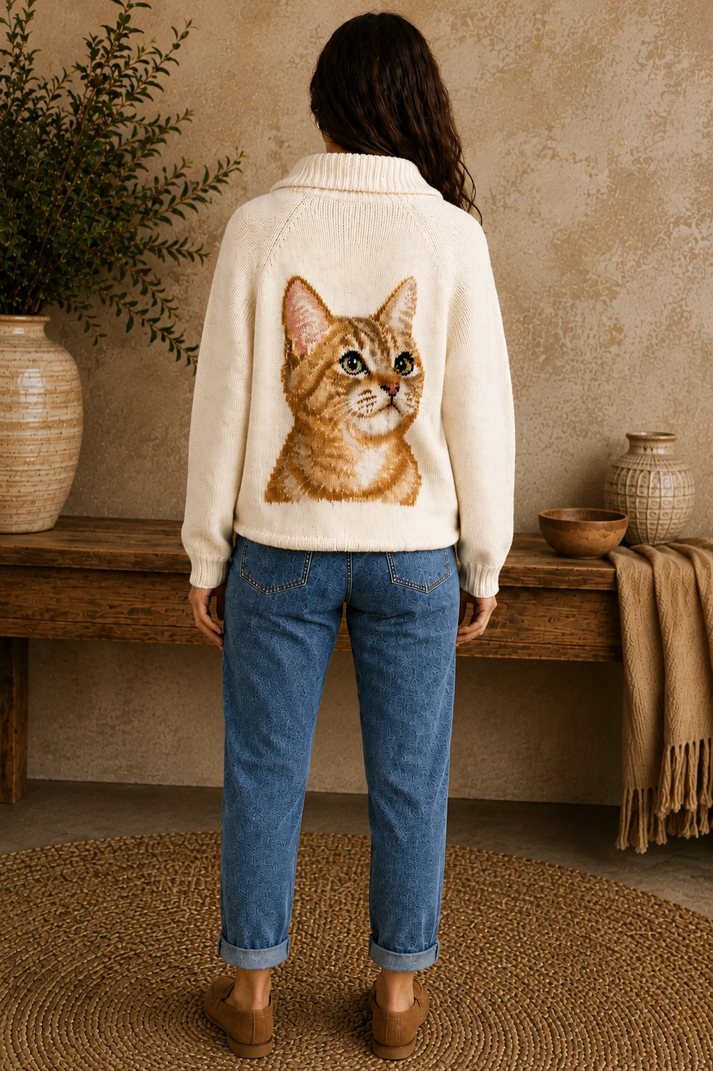 Ivory knit cardigan with orange tabby cat design on the back, styled with blue jeans and loafers — cat mom gift idea from Bliss by Cori

